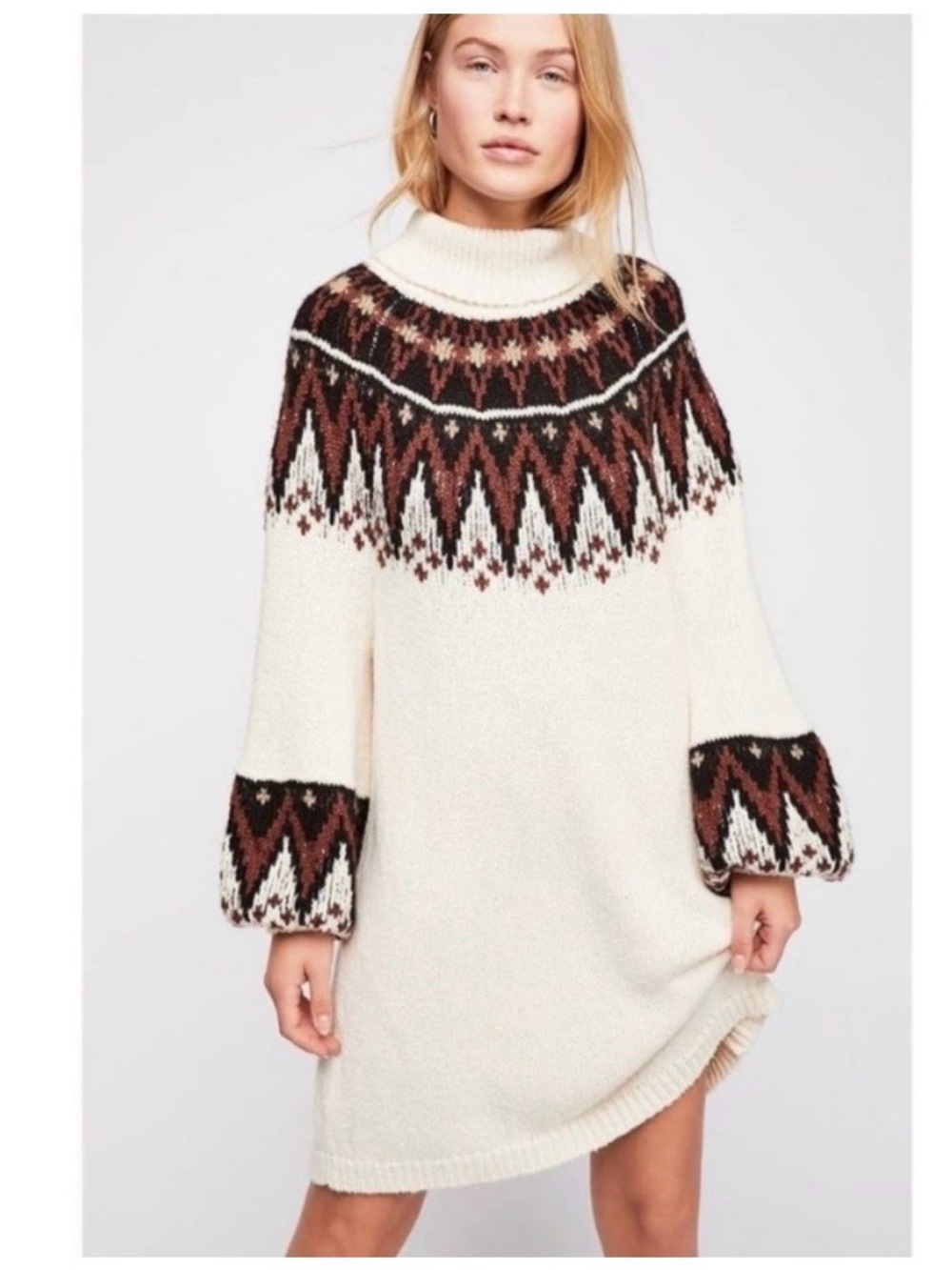 Free People Scotland Fair Isle Sweater Dress M Cream Brown